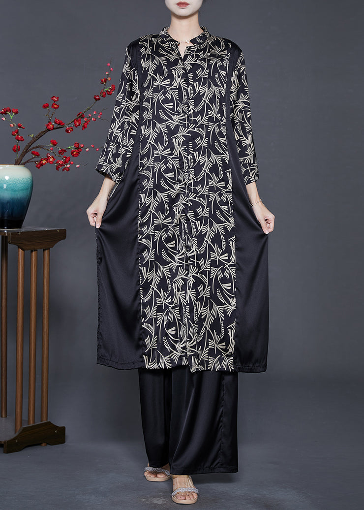 Stylish Black Oversized Patchwork Print Silk Two Piece Set Fall