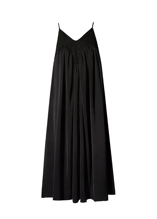 Stylish Black Oversized Patchwork Wrinkled Cotton Spaghetti Strap Long Dresses Sleeveless