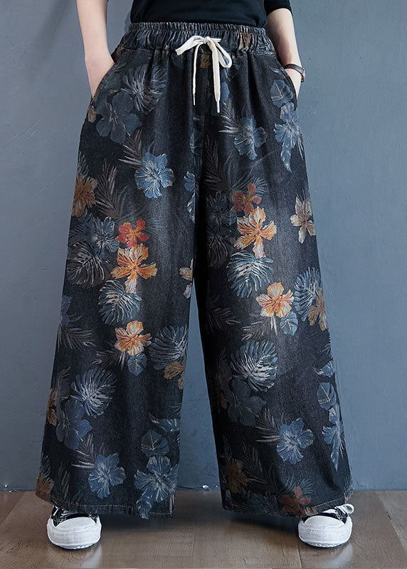 Stylish Black Oversized Print Cotton Denim Straight Pants Spring