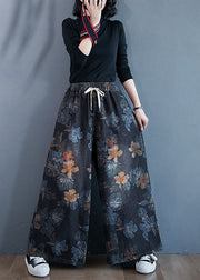 Stylish Black Oversized Print Cotton Denim Straight Pants Spring