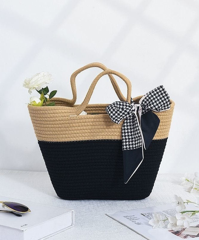 Stylish Black Patchwork Knit Fabric Cotton Beach Tote Handbag