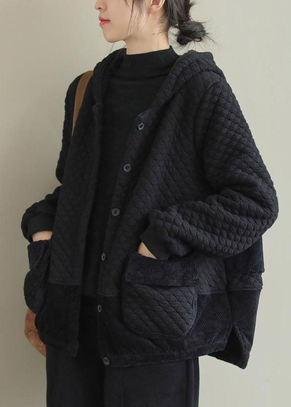 Stylish Black Patchwork Pockets Warm Fleece Hooded Coats Fall