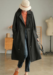 Stylish Black Peter Pan Collar Drawstring Cotton Trench Coat Outwear Fall