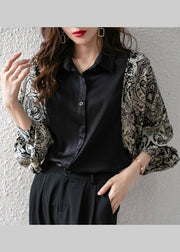 Stylish Black Peter Pan Collar Oversized Print Patchwork Chiffon Shirts Batwing Sleeve