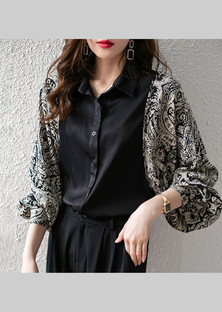 Stylish Black Peter Pan Collar Oversized Print Patchwork Chiffon Shirts Batwing Sleeve