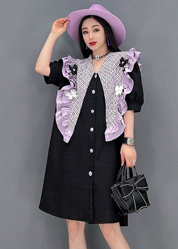 Stylish Black Peter Pan Collar Patchwork Ruffled Floral Cotton Dresses Short Sleeve