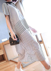 Stylish Black Peter Pan Collar Patchwork Striped Cotton Shirt Dress Summer