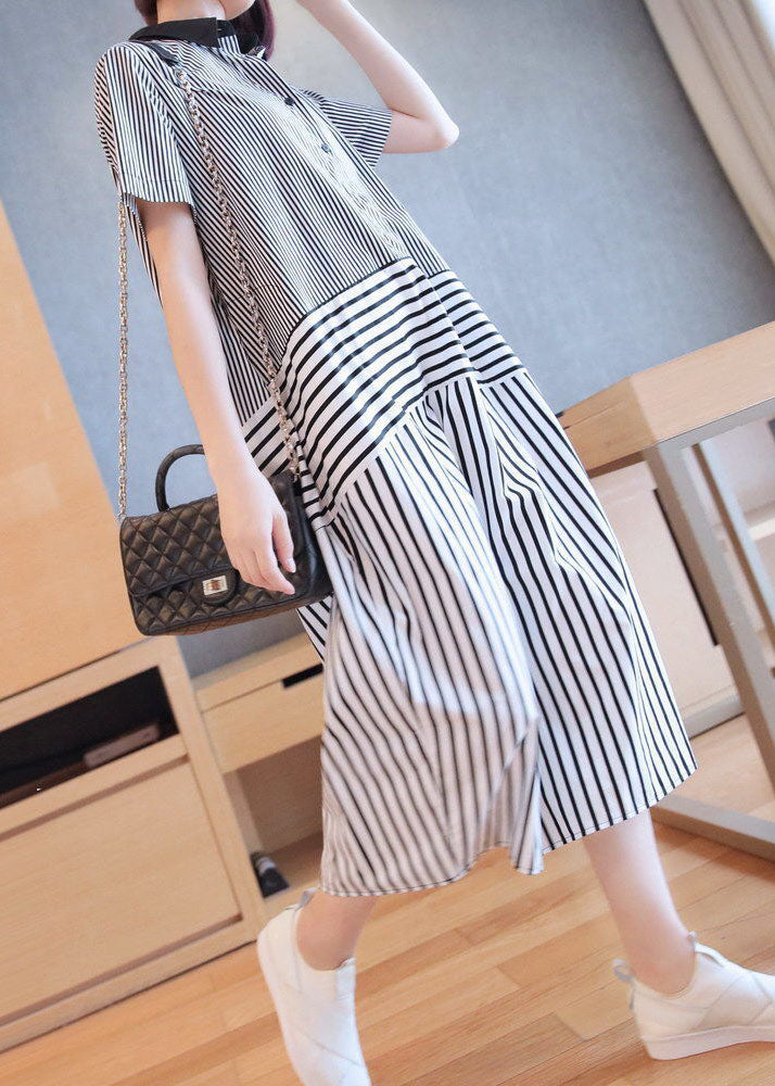 Stylish Black Peter Pan Collar Patchwork Striped Cotton Shirt Dress Summer