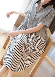 Stylish Black Peter Pan Collar Patchwork Striped Cotton Shirt Dress Summer