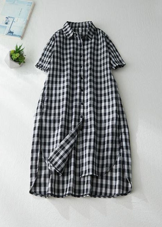 Stylish Black Peter Pan Collar Plaid Linen Shirts Dresses Summer