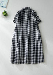 Stylish Black Peter Pan Collar Plaid Linen Shirts Dresses Summer