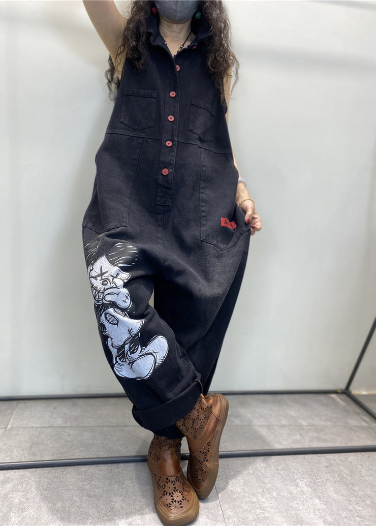 Stylish Black Peter Pan Collar Print Button Denim Jumpsuits Spring