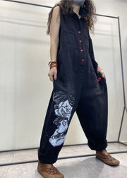 Stylish Black Peter Pan Collar Print Button Denim Jumpsuits Spring