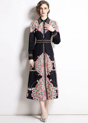 Stylish Black Peter Pan Collar Print Chiffon Long Cinch Dresses Fall