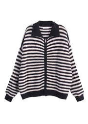 Stylish Black Peter Pan Collar Zippered Striped Knit Sweaters Coats Long Sleeve