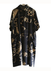 Stylish Black Pockets Print Patchwork Linen Shirts Dress Summer