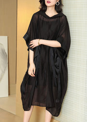 Stylish Black Pockets Silk Holiday Hooded Long Dress Half Sleeve