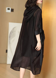 Stylish Black Pockets Silk Holiday Hooded Long Dress Half Sleeve