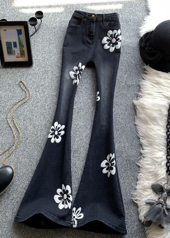 Stylish Black Print High Waist Flared Jeans Spring