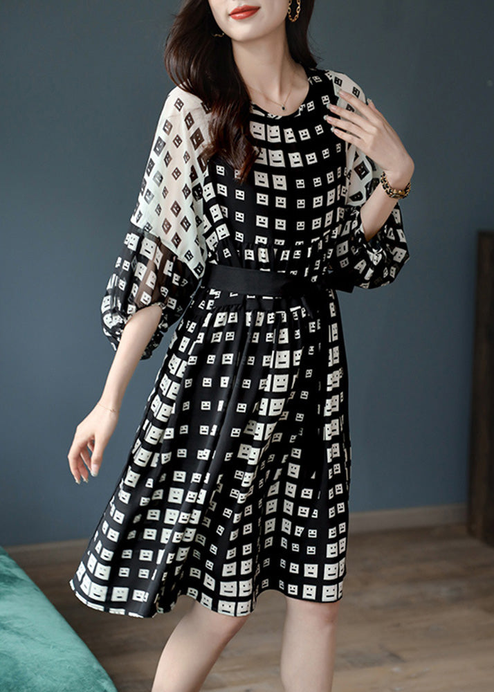 Stylish Black Print Tie Waist Silk Vacation Long Dresses Lantern Sleeve