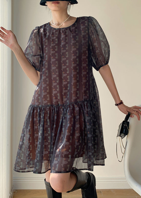 Stylish Black Print Wrinkled Patchwork Chiffon Dress Summer