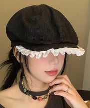 Stylish Black Ruffled Patchwork Cotton Beret Hat