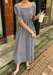 Stylish Black Square Collar Plaid Patchwork Cotton Dress Summer