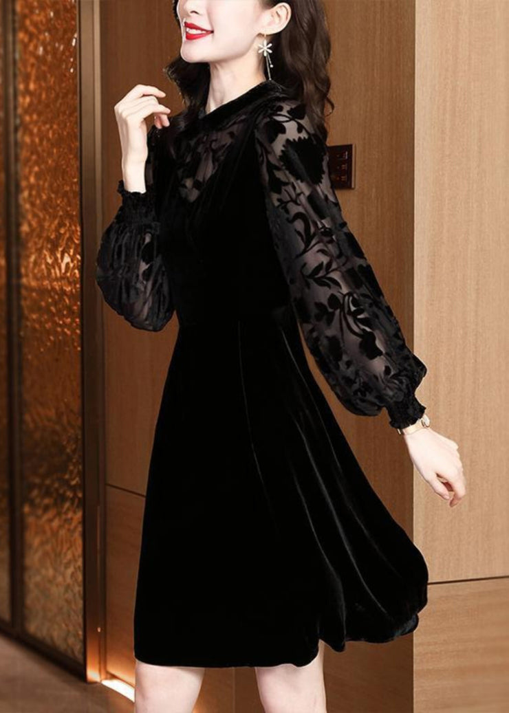 Stylish Black Stand Collar Hollow Out Patchwork Velour Mid Dress Fall