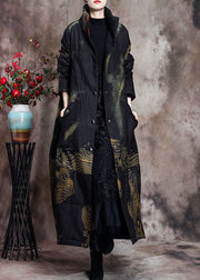 Stylish Black Stand Collar Oversized Print Pockets Fine Cotton Filled Puffer Wool Coats Winter