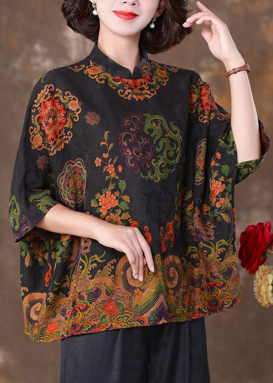 Stylish Black Stand Collar Print Silk Top Batwing Sleeve