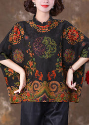 Stylish Black Stand Collar Print Silk Top Batwing Sleeve