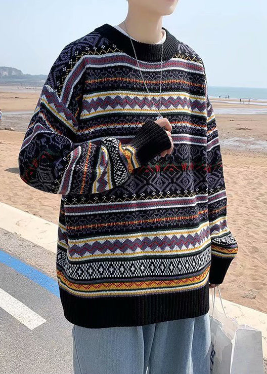 Stylish Black Striped Cozy Patchwork Knit Mens Sweaters Winter