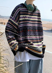 Stylish Black Striped Cozy Patchwork Knit Mens Sweaters Winter