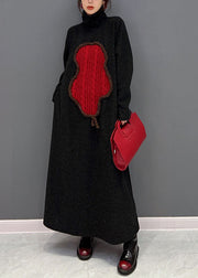 Stylish Black Turtle Neck Applique Thick Knit Long Dress Winter