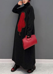 Stylish Black Turtle Neck Applique Thick Knit Long Dress Winter