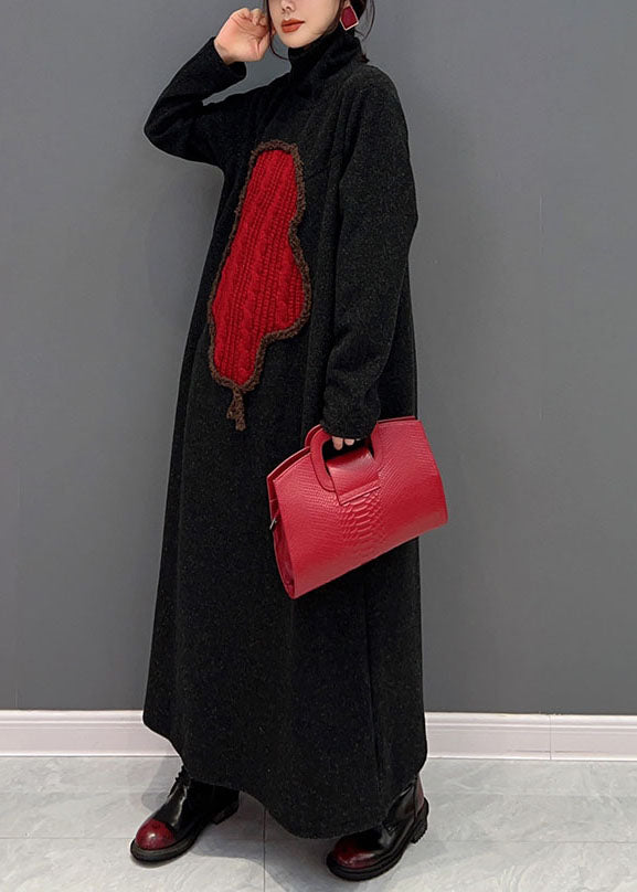 Stylish Black Turtle Neck Applique Thick Knit Long Dress Winter