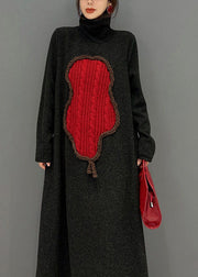 Stylish Black Turtle Neck Applique Thick Knit Long Dress Winter