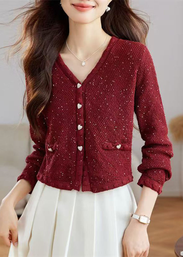 Stylish Black V Neck Button Sequins Wool Knit Cardigans Fall