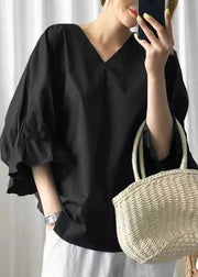 Stylish Black V Neck Cotton Shirt Lantern Sleeve