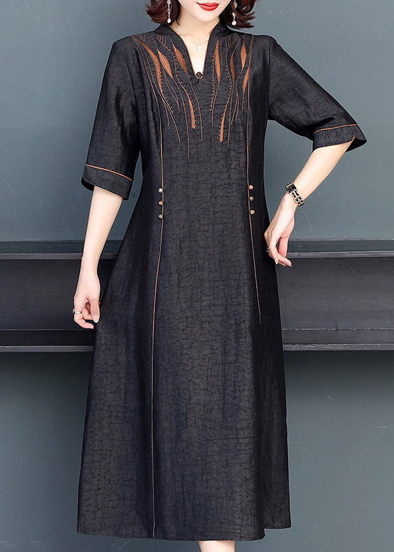 Stylish Black V Neck Patchwork Embroideried Silk Maxi Dresses Summer