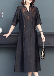 Stylish Black V Neck Patchwork Embroideried Silk Maxi Dresses Summer