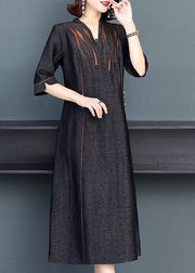 Stylish Black V Neck Patchwork Embroideried Silk Maxi Dresses Summer