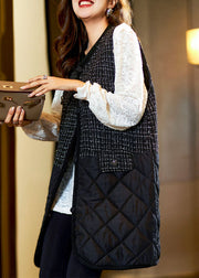 Stylish Black V Neck Patchwork Fleece Waistcoat Sleeveless