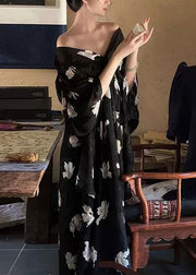 Stylish Black V Neck Print Chiffon Long Dress Half Sleeve