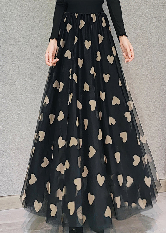 Stylish Black Wrinkled Heart Print High Waist Tulle Skirt Spring