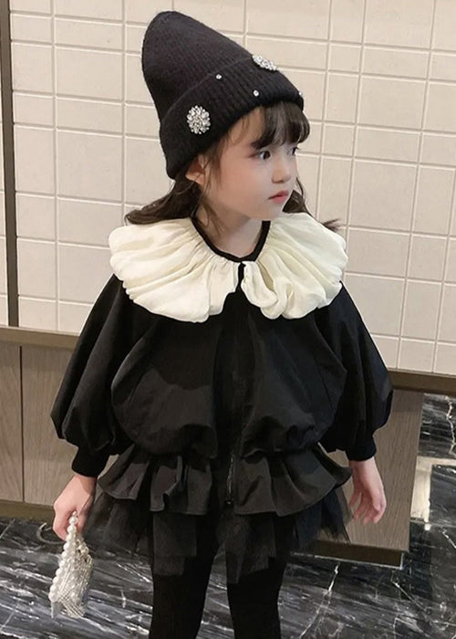 Stylish Black Wrinkled Tulle Patchwork Cotton Girls Coats Puff Sleeve