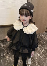 Stylish Black Wrinkled Tulle Patchwork Cotton Girls Coats Puff Sleeve