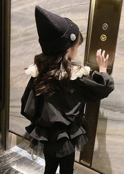 Stylish Black Wrinkled Tulle Patchwork Cotton Girls Coats Puff Sleeve