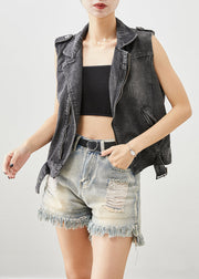 Stylish Black Zip Up Denim Ripped Vest Top Fall