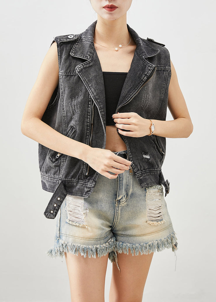 Stylish Black Zip Up Denim Ripped Vest Top Fall